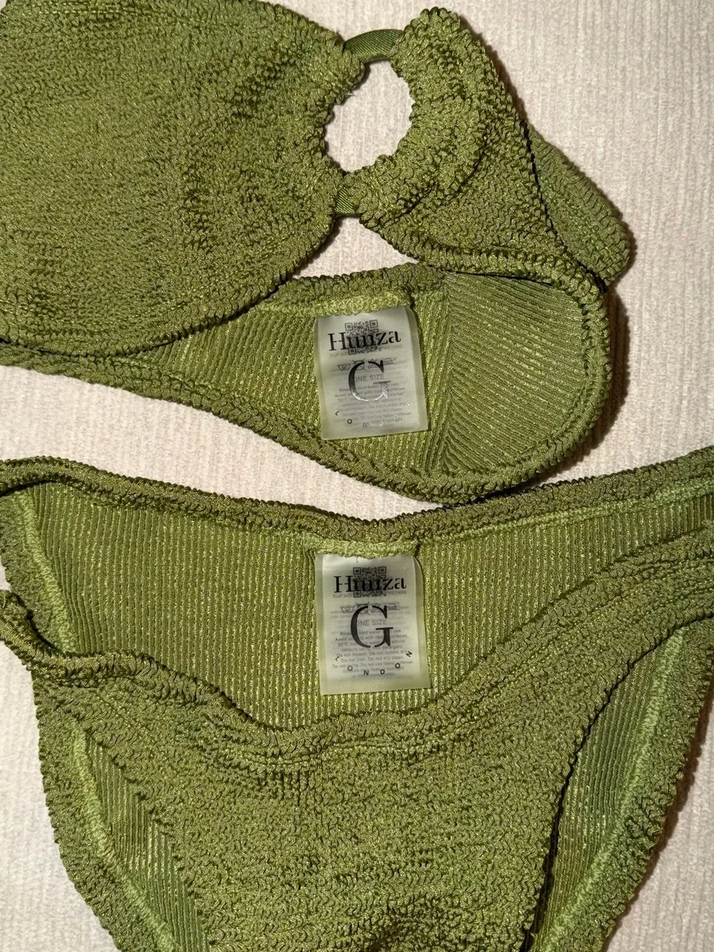 New Hunza G Green Gloria Bikini Set Swimwear One Size Metallic Moss Crinkle